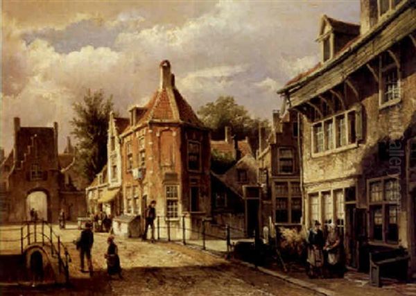 A Townscene With People By A Bridge - view 1