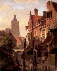 Figures On A Canal In A Dutch Town by Willem Koekkoek