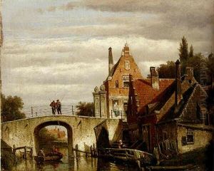 Figures Boating And Fishing Off A Bridge On A Canal Figures Boating And Fishing Off A Bridge On A Canal