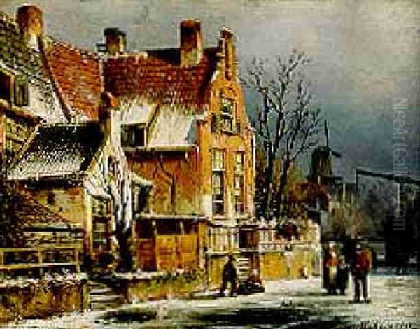A View In A Town With Houses Along A Frozen Canal, With Townsfolk By A Drawbridge - view 1