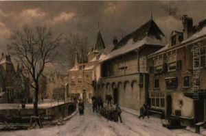 A View In A Dutch Town In Winter With A Horse And Sled by Willem Koekkoek