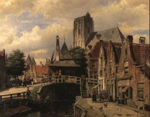 A Dutch Town With Figures By A Canal