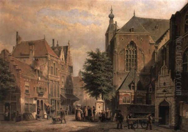 A View Of A Square In A Dutch Town With Figures Beside A Well - view 1