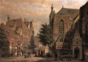 A View Of A Square In A Dutch Town With Figures Beside A Well