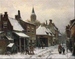 A View In A Snowy Street With Figures In Front Of A Forge by Willem Koekkoek