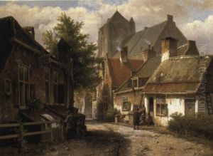 Oorschot, Figures In A Sunlit Street by Willem Koekkoek