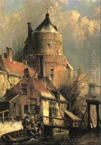 View Of A Town In Winter With Figures Beside A River - view 1