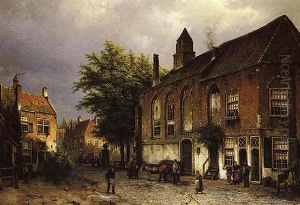 A View In A Village With Townsfolk Conversing On A Square, And Peasants Unloading A Donkey-drawn Cart - view 1