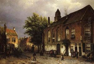 A View In A Village With Townsfolk Conversing On A Square, And Peasants Unloading A Donkey-drawn Cart by Willem Koekkoek