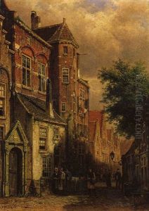 A View In A Town With Several Villagers In A Street, In Summer