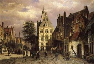 A Market Square With Peasants Pulling A Cart, Another Peasant Leading A Horse To A Smithy