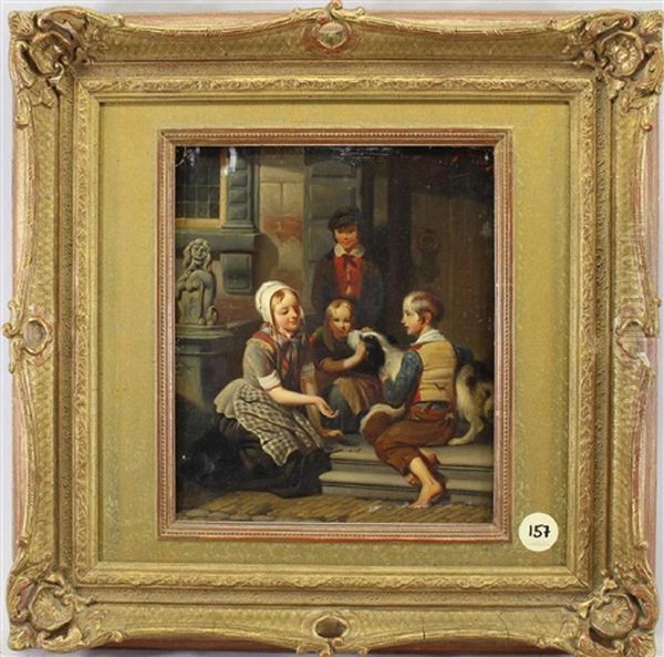 Painting Of Children Playing With A Dog Near A Street - view 1