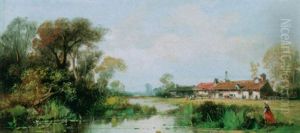 A Landscape With Farmhouses Along A River by Johan Daniel Koelmann