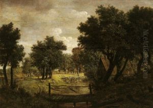 Bewaldete Flusslandschaft Mit Einem Bauernhaus Und Einem Steg