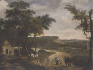 Travellers Conversing On A Pah With A Rider Watering His Horse Outside A Cottage In A Wooded Landscape, Mountains Beyond by Isaac Koene