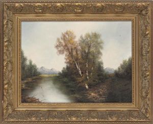 Trees By A Riverbank, Snowy Peaks Beyond by Walter Koeniger