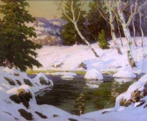 Winter Landscape With Stream, Light Playing On Snowy Banks, Distant Hills by Walter Koeniger