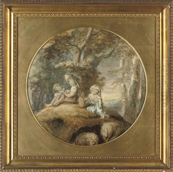 Three Children, Seated In A Landscape, With A Basket Of Wild Flowers - view 1