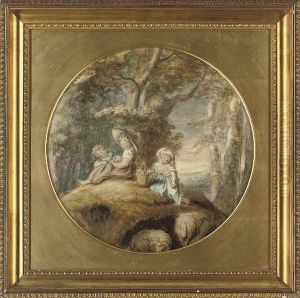 Three Children, Seated In A Landscape, With A Basket Of Wild Flowers by Lady Diana Beauclerk