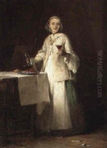 Dame In Einem Interieur, Sich Wein Einschenkend by Pancraz Koerle