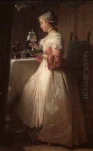 Ganzfiguriges Portrait Eines Vornehmen Madchens In Weissen Kleid... by Pancraz Koerle