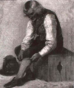 Sitzender Mann In Tracht, Seine Kniestrumpfe Hochziehend by Pancraz Koerle