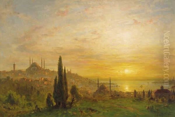 Sonnenuntergang Uber Istanbul Am Goldenen Horn: Blick Von Den Garten Des Topkapi-palastes Auf Die Suleymaniye-moschee, Die Galata Brucke Und Die Yeni Cami-moschee - view 1
