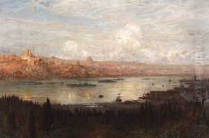 Blick Uber Den Bosporus Auf Konstantinopel Im Morgenlicht. Auf Dem Wasser Englische Kriegsschiffe by Ernest Karl Eugen Koerner