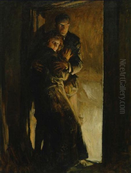 Frightened Woman Embraced By Man At Doorway - view 1