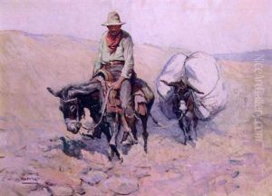 Cowboy And Burros Crossing Desolate Landscape by William Henry Dethlef Koerner