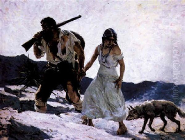 Bedraggled Couple And Dog Walking Through Desert - view 1