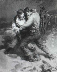 Story Illustration: Two Cowboys Wrestling Over Gun by William Henry Dethlef Koerner
