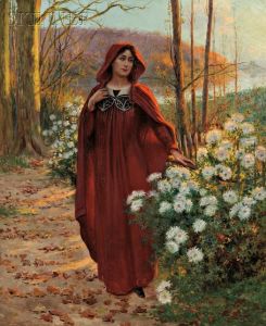 Woman Cloaked In Red Among White Chrysanthemums by Jean Beauduin