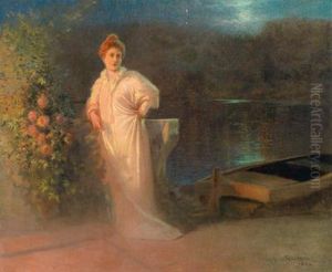 Nachtliche Landschaft Mit Einer Jungen Frau Am Ufer Eines Sees by Jean Beauduin