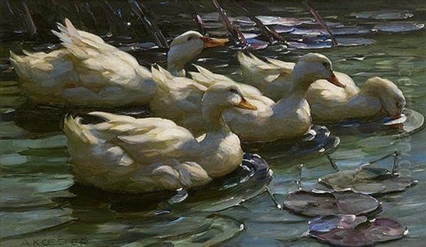 Four Ducks On A Pond With Water Lilies - view 1