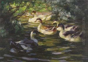Sechs Enten Auf Dem Wasser Unter Uferstrauchern by Alexander Max Koester