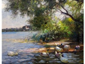 Enten Am Ufer Unter Baumen by Alexander Max Koester