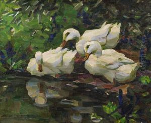 Drei Enten Am Teichufer by Alexander Max Koester