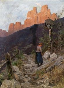 Andacht Vor Dem Marterl; Im Hintergrund Die Geisslerspitzen, Sudtirol by Alexander Max Koester