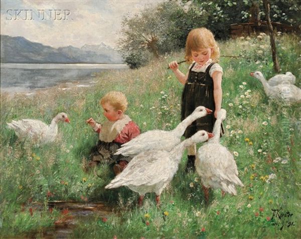 Children And Geese In A Lakeside Meadow - view 1