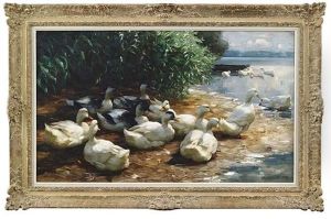 Lagernde Enten Am Seeufer Mit Kahn by Alexander Max Koester