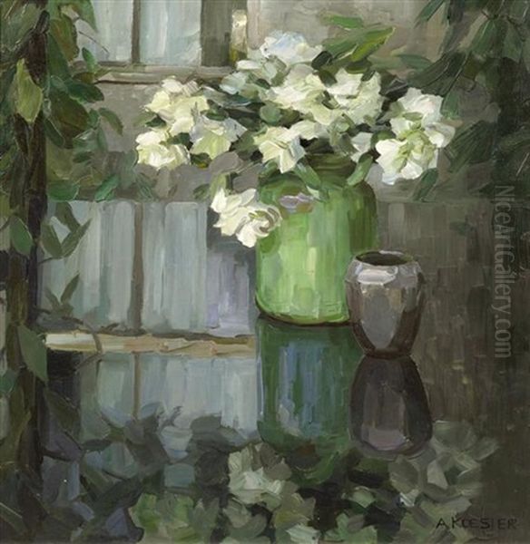 Weisse Nelken In Gruner Vase - view 1