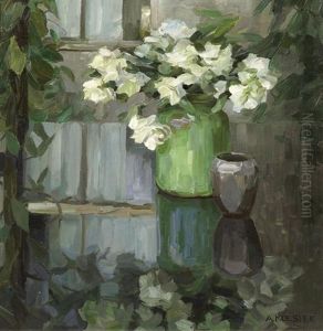 Weisse Nelken In Gruner Vase