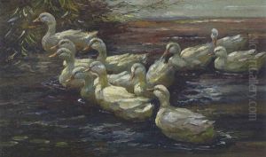 Elf Weise Enten Auf Dem Wasser Zum Verschilften Ufer Nach Links Schwimmend by Alexander Max Koester