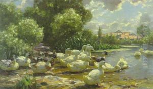 Landschaft Mit Enten Am Dorfteich by Alexander Max Koester