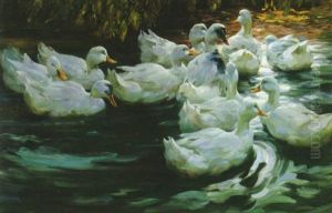 Heimwarts, Elf Weisse Enten Auf Dem Wasser by Alexander Max Koester