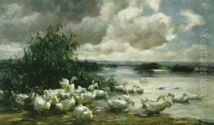 Enten Am Ufer Vor Weiter Seenlandschaft by Alexander Max Koester