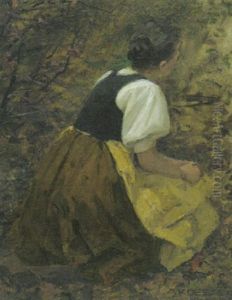 Tiroler Bauernmadchen Im Herbstlaub Knieend by Alexander Max Koester