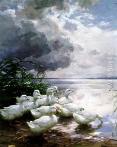 Ducks At The Lake's Edge by Alexander Max Koester