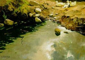 Kleine Enten Am Teichufer by Alexander Max Koester